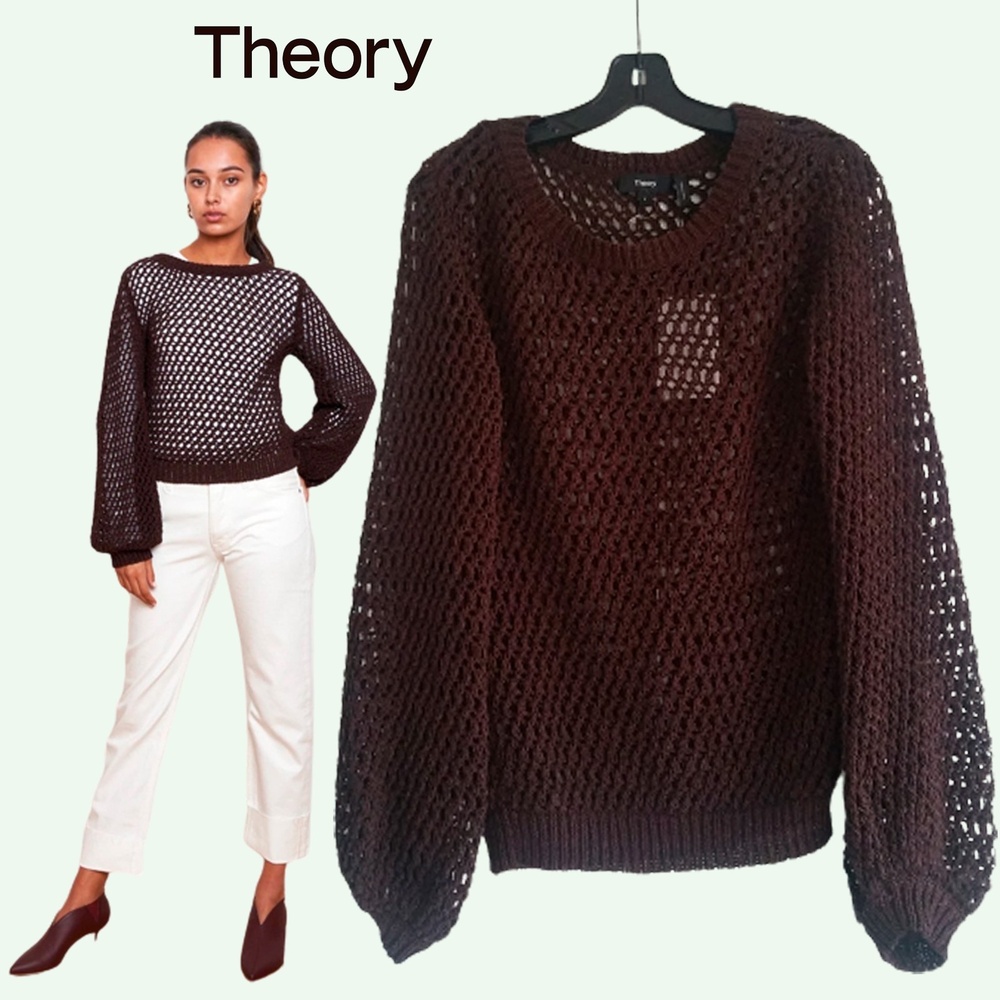 THEORY NEW MERLETTO Bohemian Open Mesh Crochet Knit Sweater L NWT